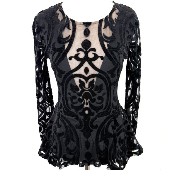 BCBGMAXAZRIA Women's Colleen Baroque Burnout Velvet Puplum Top Size XS - Picture 1 of 7